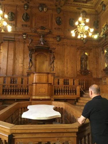 Teatro Anatomico (with the lectern flanked by the skinless wooden statues)