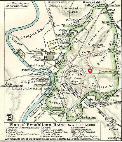 Map of Republican Rome (509 BC - 27 BC); the red dot is  where our building is located today