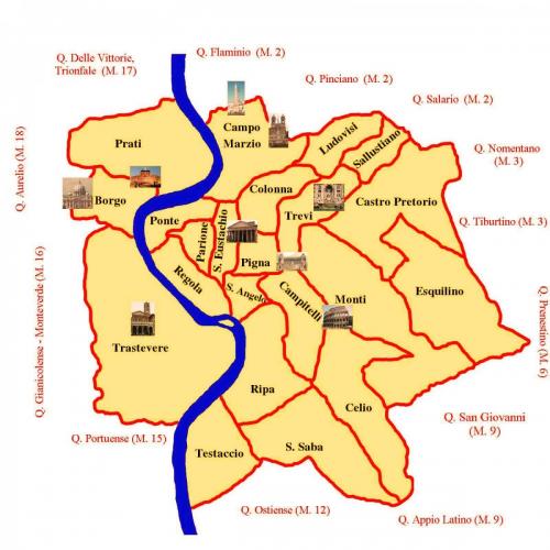This is a current map of Rome's rioni and quarteri (outside the yellow area); to give you an idea of distance, it's about a 2km walk from the Colesseum to the Pantheon, and a further to 2kms to the Vatican