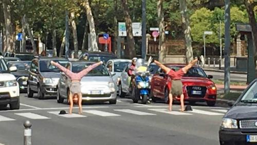 The street gymnasts (with collection hats ready to go)