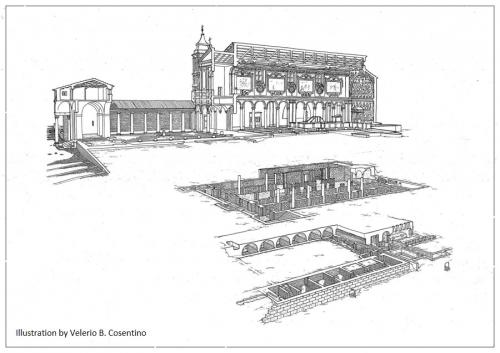 Illustration showing the three levels: at the top the 'new' Basilica (11C); in the middle, remains of the original Basilica (4C); and at the bottom the rooms adapted by the Mithras and the imperial mint (1C)