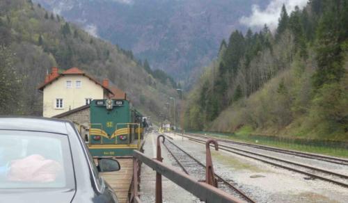 North of the Soča, the pass over the mountains was still closed so instead of back-tracking the long way round, we took the 'motor train' - drive onto the flat-bed wagon, sit in your car enjoying the view, and drive off again at the other end. Brilliant!