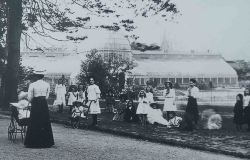 And here, the gardens being 'rationally' enjoyed around the turn of the 19th century; the Palm House, completed in 1852, with its birdcage dome is one of the earliest structures to incorporate cast-iron and curvilinear glass 