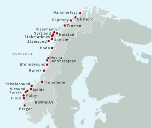 Hurtigruten's ports of call between Hammerfest and Bergen