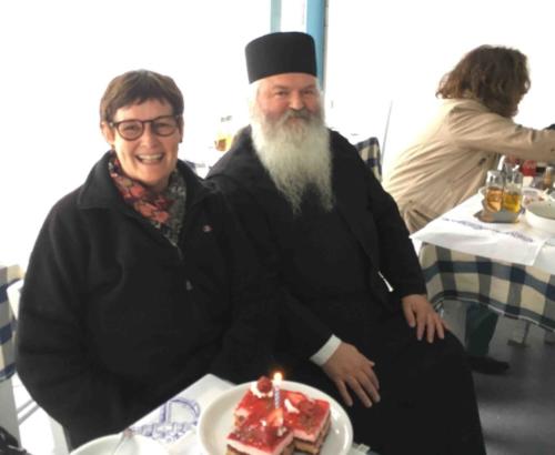 There's a lovely postscript to this story - a few days after our visit to the Hozoviotissa Monastery, we went to lunch at a local taverna; Father Theofilos was there, too, with a couple of his friends. When he heard it was my birthday he arranged for a birthday dessert to be brought out (unfortunately it was Lent so Father Theofilos couldn't enjoy the cake with the rest of us). It was a special birthday treat. :) 