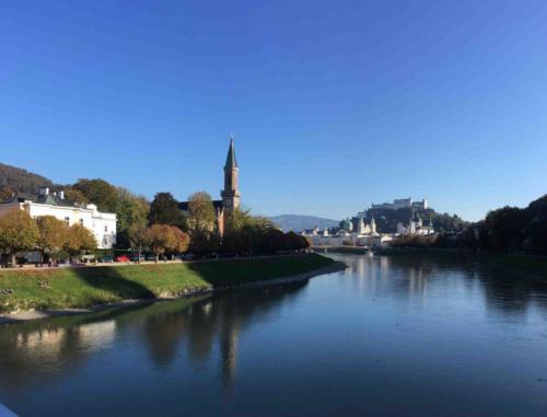 The classic view of Salzburg, picture-postcard pretty; the river that divides the city is the Salzach 