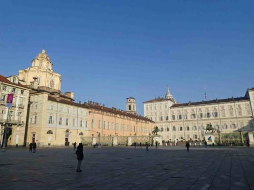 Turin's main square, Piazza Castello and on the right the 16th century Palazzo Reale; the square is lined with museums, theatres and cafes 