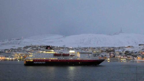 The MS Polarlys sailing into Hammerfest