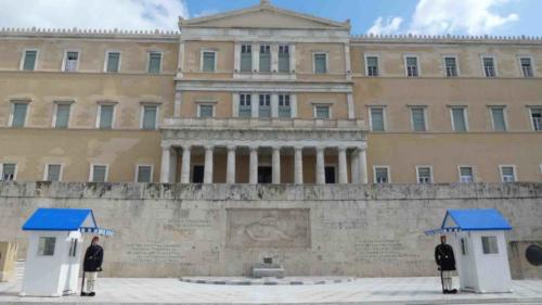 The Greek Parliament building and, below it, the Tomb of the Unknown Soldier 