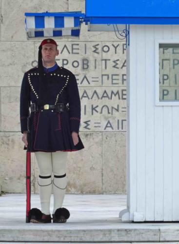 The tomb is guarded by the Evzones, the elite soldiers of the Greek army