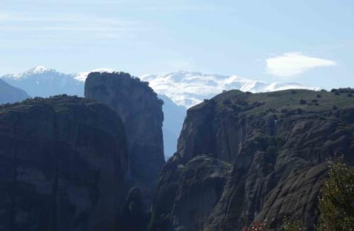 The view from the top of the Meteora is impressive;  you can see across to the snow-capped peaks of the Pindus Mountains