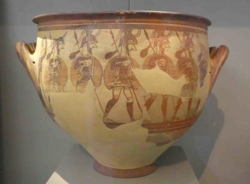 And the Mycenaean Warrior Vase (12th century BC); the soldiers on this vase look like contemporary caricatures