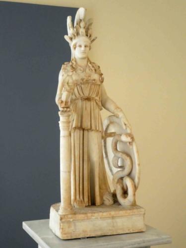 The Roman-era statue, Varvakeion Athena (c 250 AD) is a small replica of the Greek original that stood in the Parthenon; the lost Athena, made from gold and ivory, stood more than 11 metres high