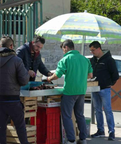 The sea urchin seller's stand is in the corner of the car park just behind the harbour