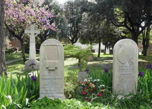 John Keats was suffering from  tuberculosis when he travelled to Italy in 1820; he died in Rome the following year aged 25; next to Keats' grave is that of his close friend, the painter John Severn, who nursed Keats during his final months
