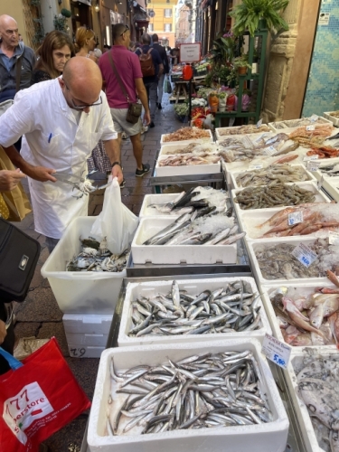 Appropriately, these fish mongers are located in Via Pescherie Vecchie - Old Fishmongers Street. It's right in the heart of Bologna and they've been doing this here for centuries.