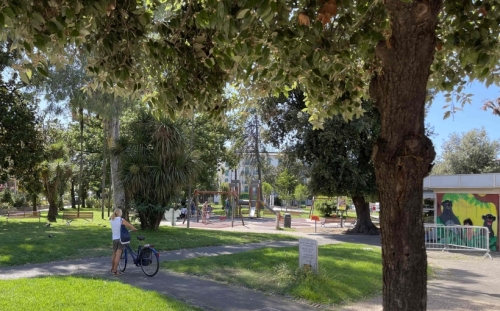 On the way to and from the train station, we passed this little park. A playground is a playground the world over, and watching this nonna swing her little granddaughter had us pining for our little ones at home.
