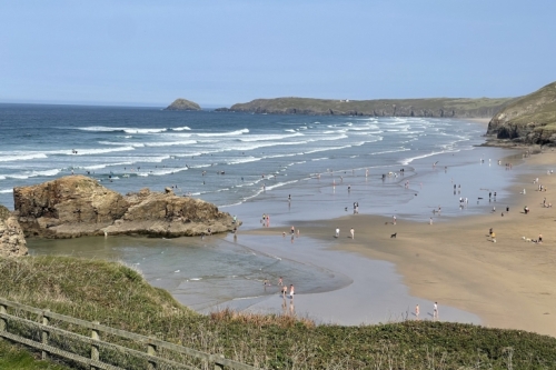 Further north, this is Perranporth - a popular surfing beach. There were plenty of surfers in the water this day, though there wasn't much of a swell.