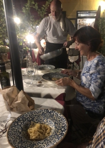 After we'd ordered dessert (already full to overflowing from seafood antipasti and the orata), Claudio hurried back to the table. ‘Delay the dessert,’ he said, ‘I have another idea for you.’ 15 minutes later, he returned with a dish of spaghetti, oil, pepperoncino and parmigiana. So simple, yet so delicious.