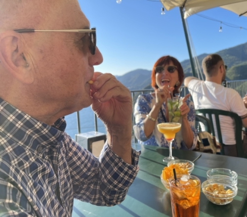 Greg learning to eat 'lupini' - local beans that are a common accompaniment to aperitivo here. The idea is to bite off the base, then suck the bean itself out of the skin. Delicious.