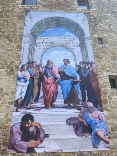 Cucinelli is also extremely well-read, with a particular love of Greek philosophy. This mural in the village is inspired by Raphael's 'The School of Athens' (with helpful surtitles ... 'Beauty is the splendour of truth' according to Plato, and Aristotle reminds us that 'Philosophy is born of wonder').