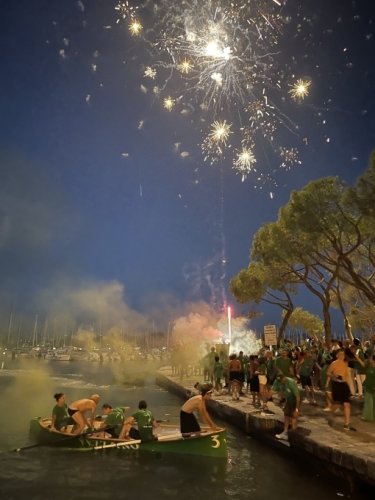 Fireworks greet the victorious men.