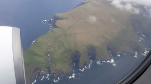 Our first look at the Faroes, flying in over the island of Mykines