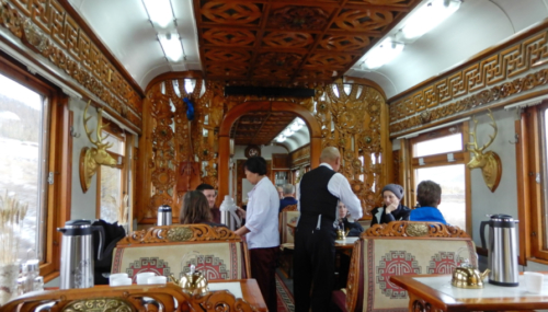 Back on the train, the Mongolian dining car; each border crossing involves not only immigration and customs checks, but the train's wheel sets are replaced to accommodate the changing track gauges, and the restaurant car is swapped out so it's consistent with the relevant country