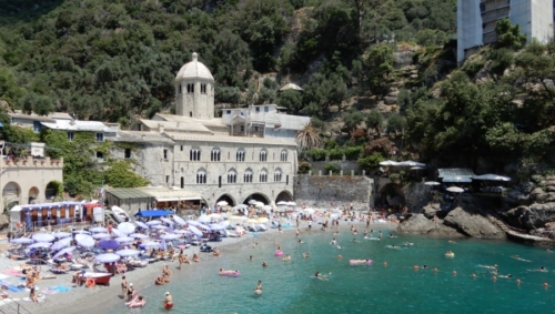 San Fruttuoso Abbey; this tiny beach can be reached only by boat or on foot
