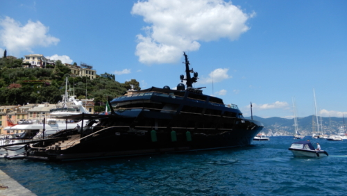Giorgio Armani's superyacht, Main, in Portofino harbour; just a couple of weeks ago, Amazon CEO Jeff Bezos was poking around these waters on his own $400m superyacht