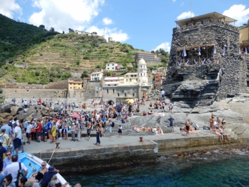But a little to the left it's a slightly different picture; crowds of people waiting for the ferry