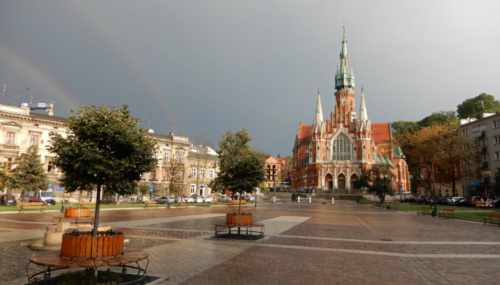 The Krakow Ghetto was established in March 1941; St Joseph's Church was just outside the boundary - the buildings on the left were inside the ghetto