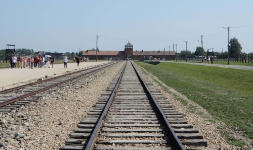 Birkenau, one of the camps that made up the Auschwitz complex; people were unloaded from trains onto the platform on the left