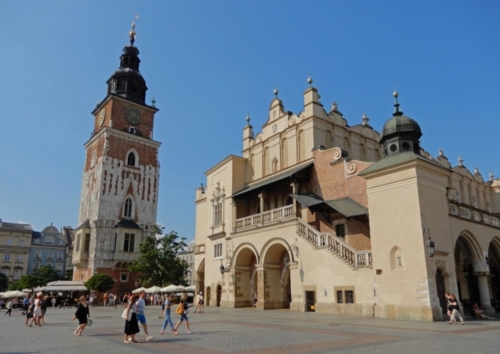 The tower to the left of Cloth Hall is all that remains of Krakow's original Town Hall; the rest was demolished in 1820 as part of a plan to open up the square