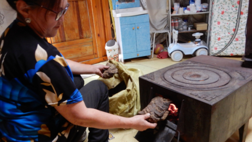 Stoking the fire with dried dung