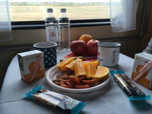Most people choose to bring supplies of food onto the train with them; our home-made breakfast of champions (even in first class you have to bring your own cup and cutlery)