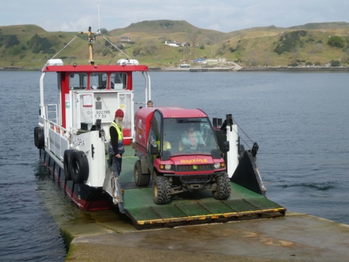 The Kerrera ferry, the only access to the island; and Postie Pat heading back to the mainland after completing her morning round