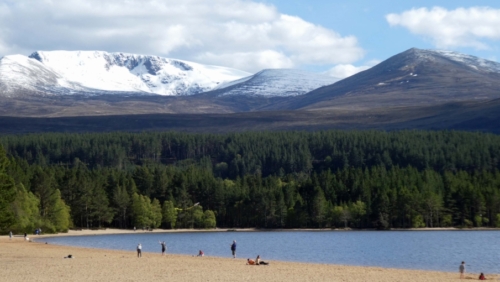 Loch Morlich in the Cairngorms National Park; sand and snow