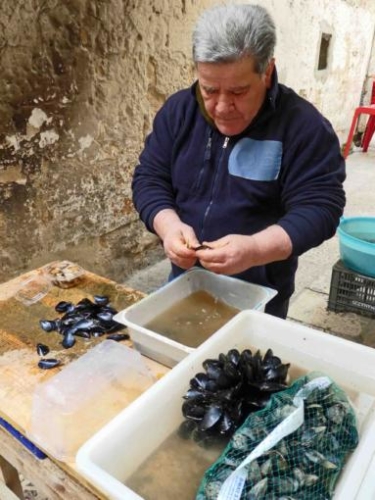 On the streets of old Bari, Puglia we found fishmongers selling mussels