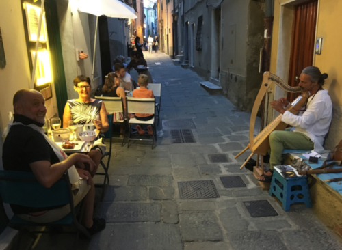 And in Liguria we dined and then danced in the street - to the music of harpist, Ricardo (whom we first met on a crowded local bus)